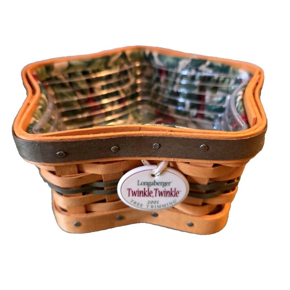 Tree Trimming Twinkle Basket Longaberger 2001 Star-Shaped Green Bands w/ Liners